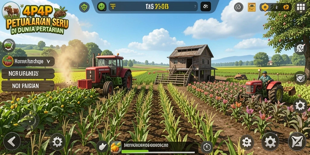 Tampilan gameplay 4P4P dengan ladang yang subur dan aktivitas bertani.
