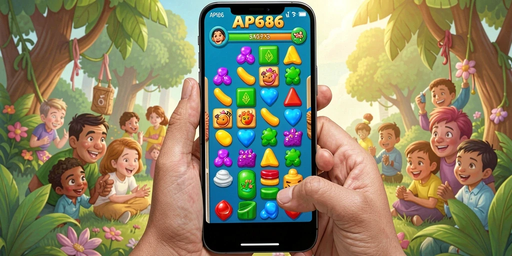 Screenshot gameplay seru dari AP686 dengan tantangan Match-3.