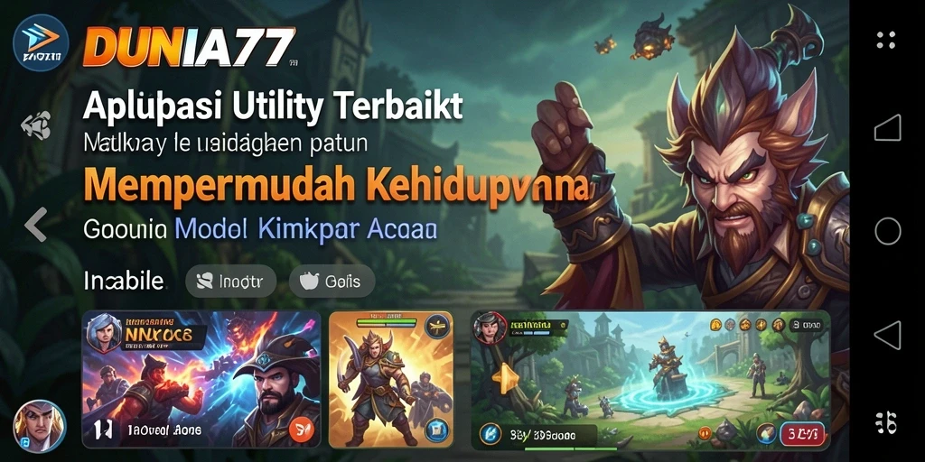 Screenshot utama DUNIA77 menunjukkan antarmuka aplikasi Utility yang menarik.