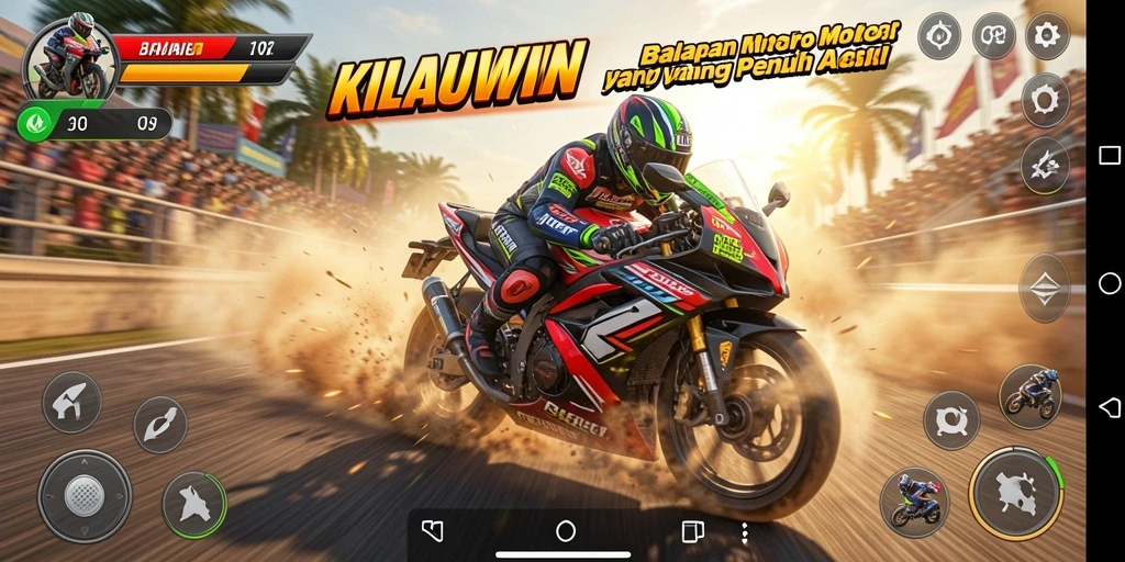 Screenshot gameplay KILAUWIN menampilkan aksi balapan motor yang menegangkan.