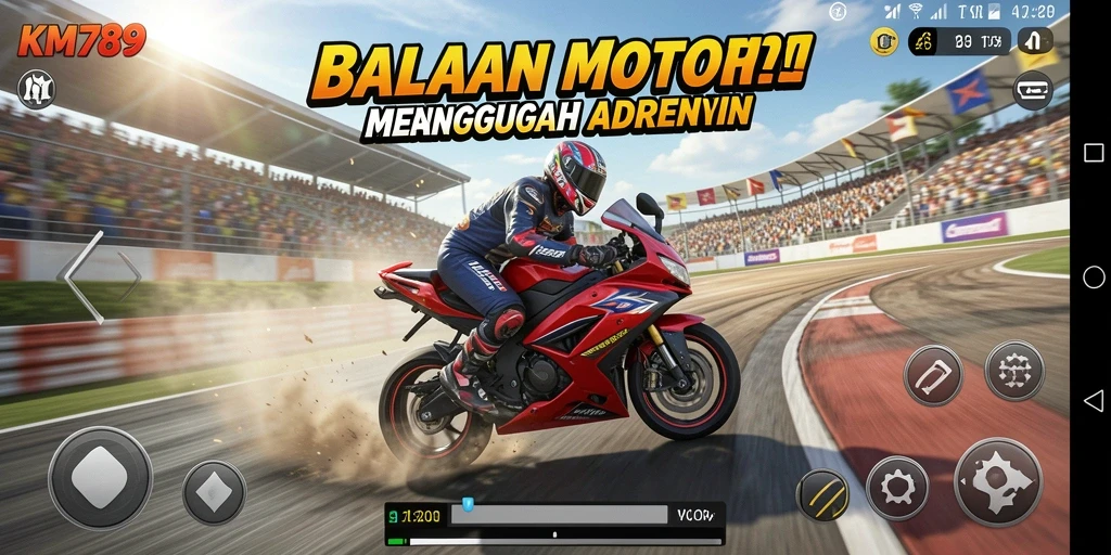 Screenshot utama KM789 menampilkan aksi balap motor yang mendebarkan di trek terbuka.
