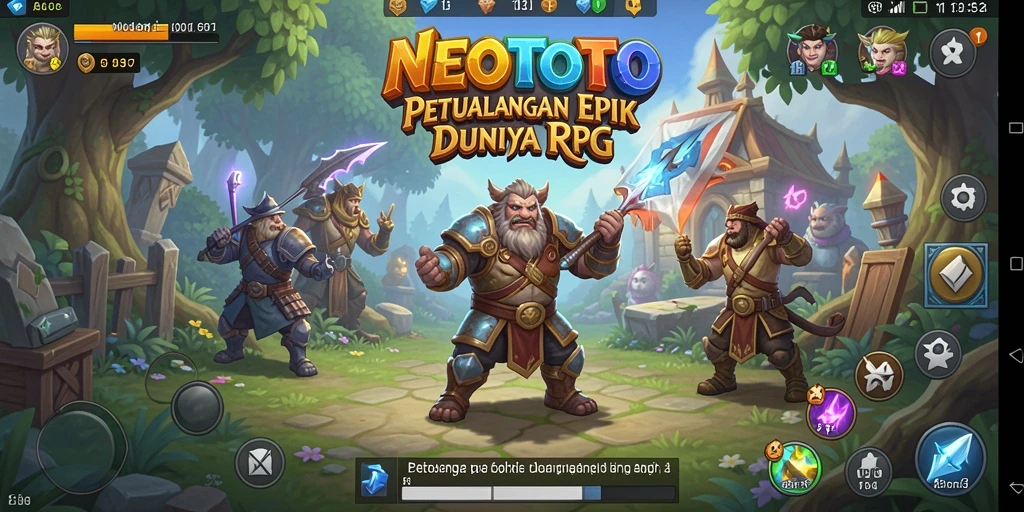 Tampilan epik gameplay NEOTOTO dengan karakter dan petualangan RPG.